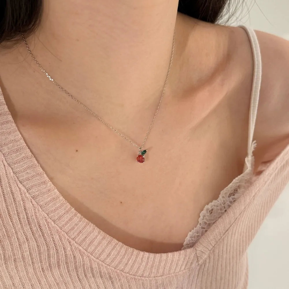 Silver Zircon Round Cut Apple Pendant Necklace