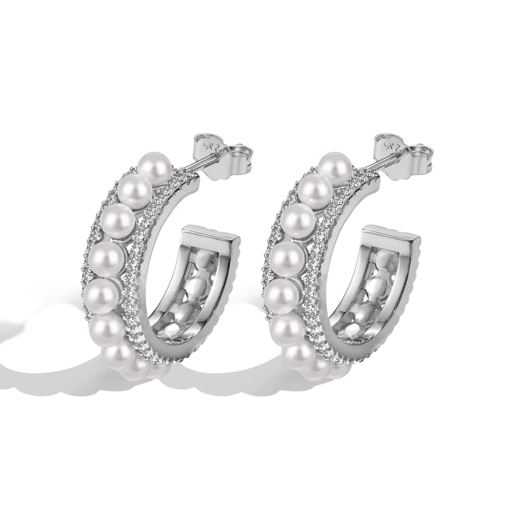 Silver Pearl Hook Inlaid Ear Hoops