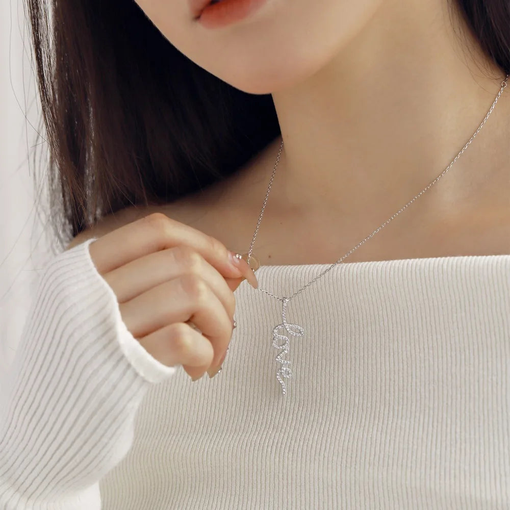 Silver Zircon Round Cut Inlaid Love Bar Necklace