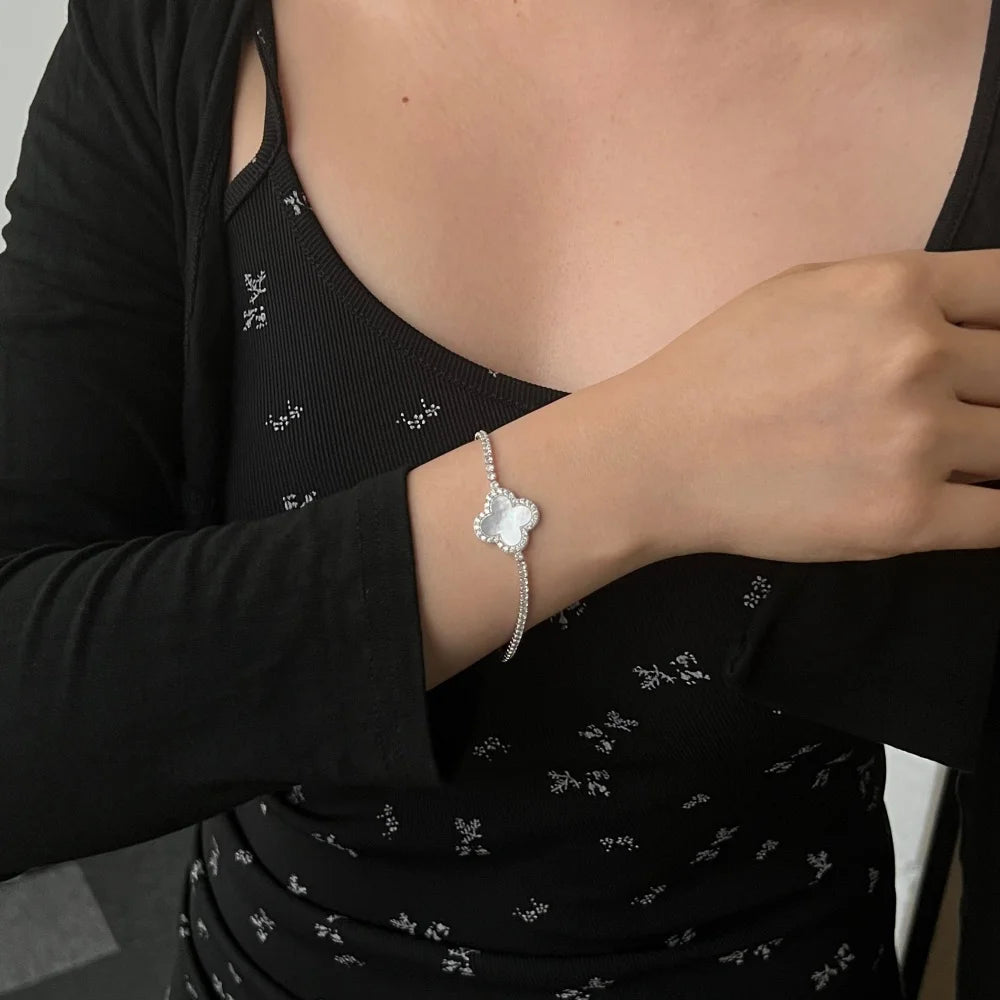 Silver Zircon Round Cut Clover Tennis Bracelet