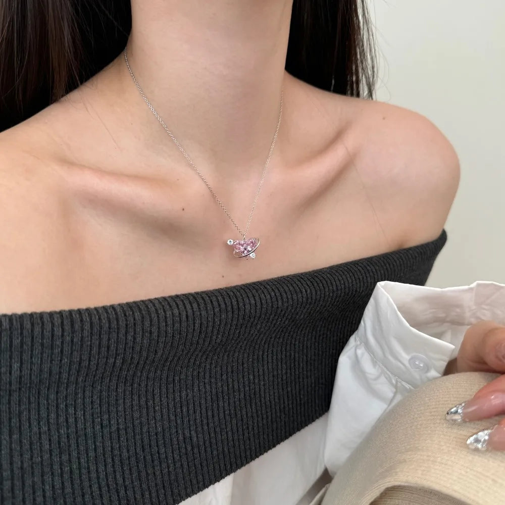 Silver Zircon Princess Cut Wrapped Heart Pendant Necklace