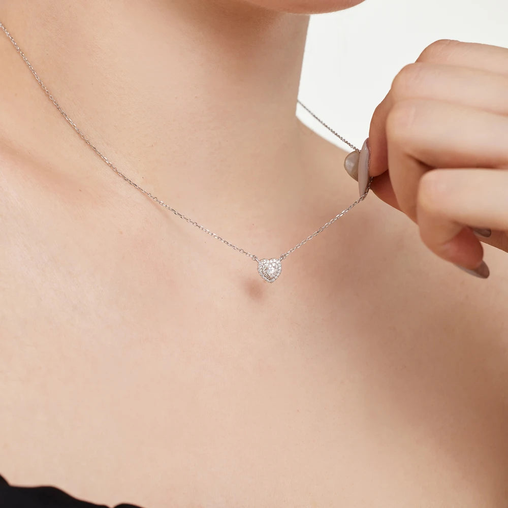Silver Zircon Heart Cut Iced Heart Pendant Necklace