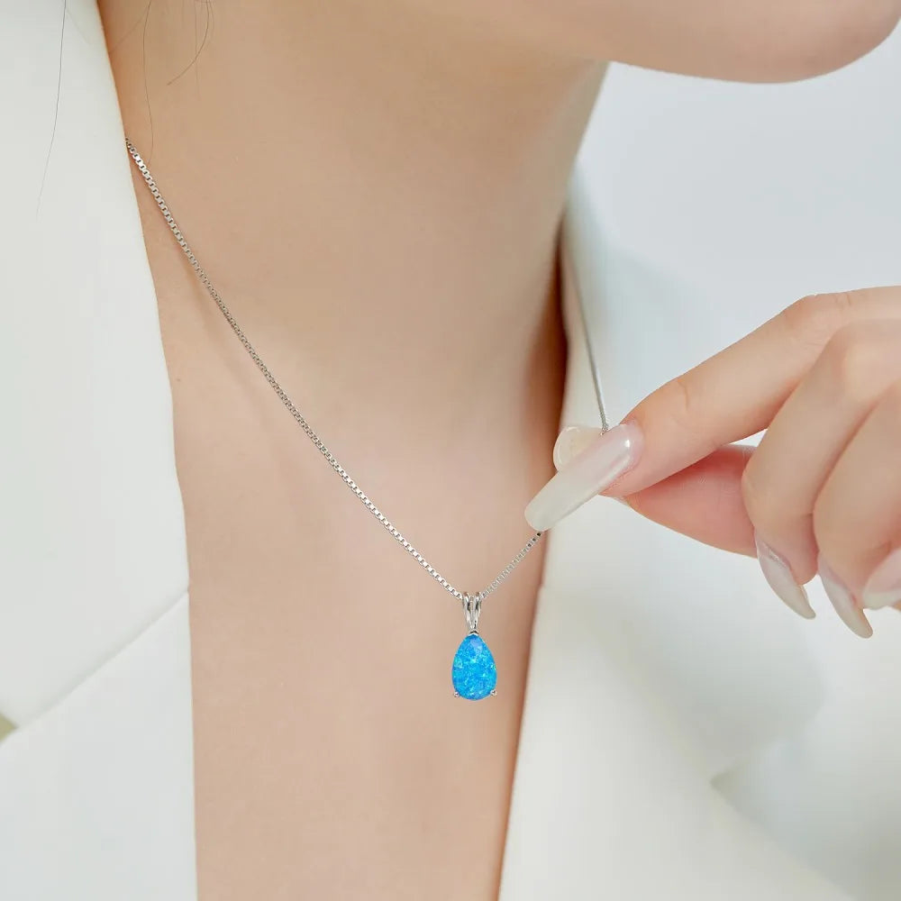 Silver Opal Pear Cut Water Drop Pendant Necklace