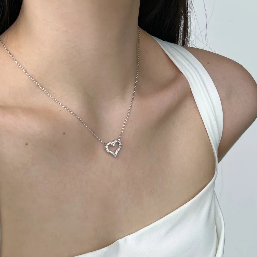 Silver Zircon Round Cut Big Inlaid Halo Heart Pendant Necklace