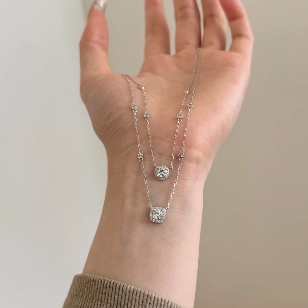 Silver Zircon Round Cut Pillow Pendant Necklace