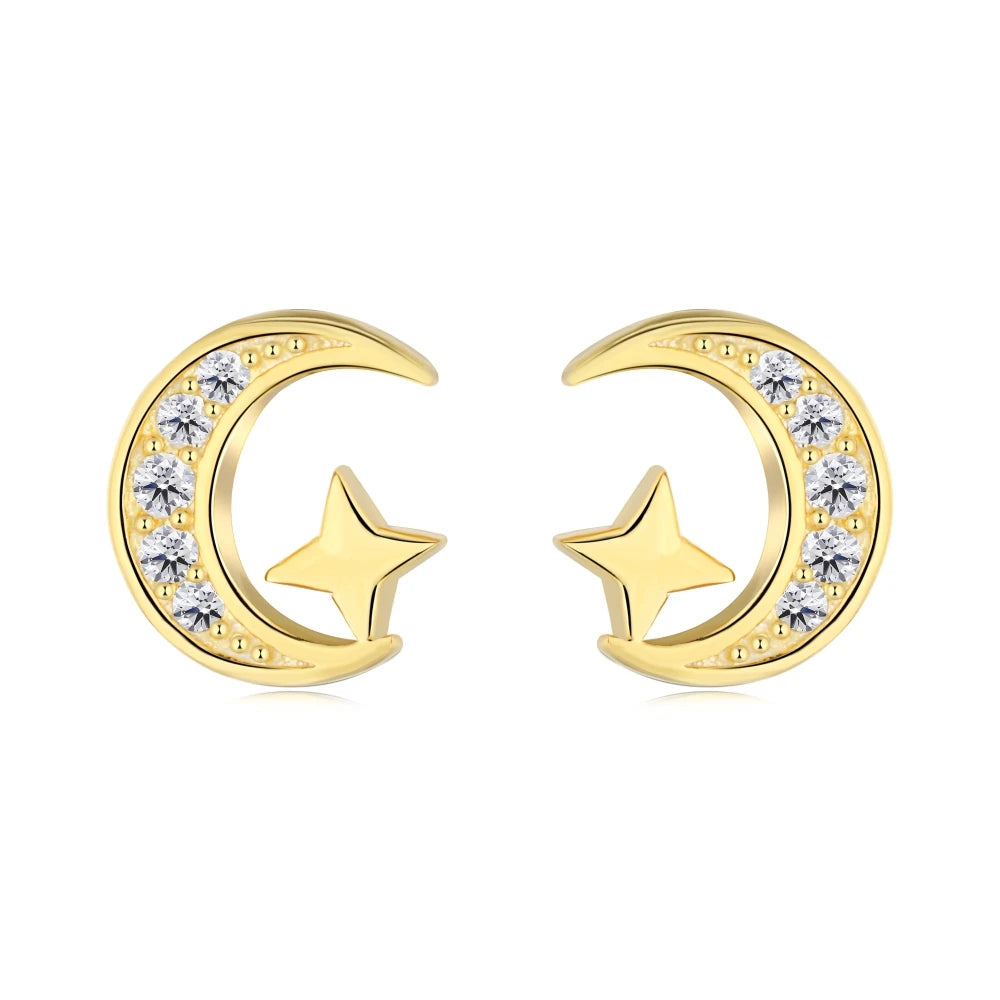 Silver Zircon Round Cut Crescent Ear Studs