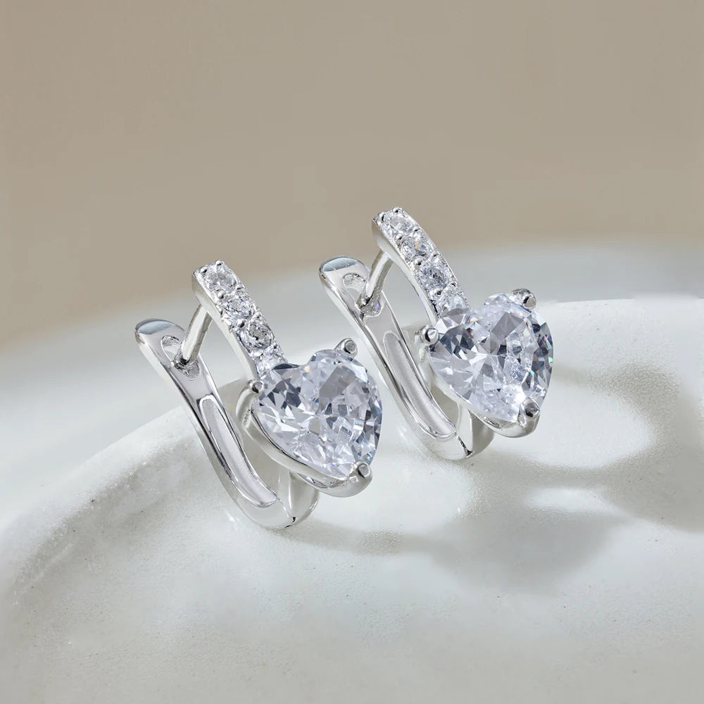 Silver Zircon Heart Cut Iced Ear Hoops