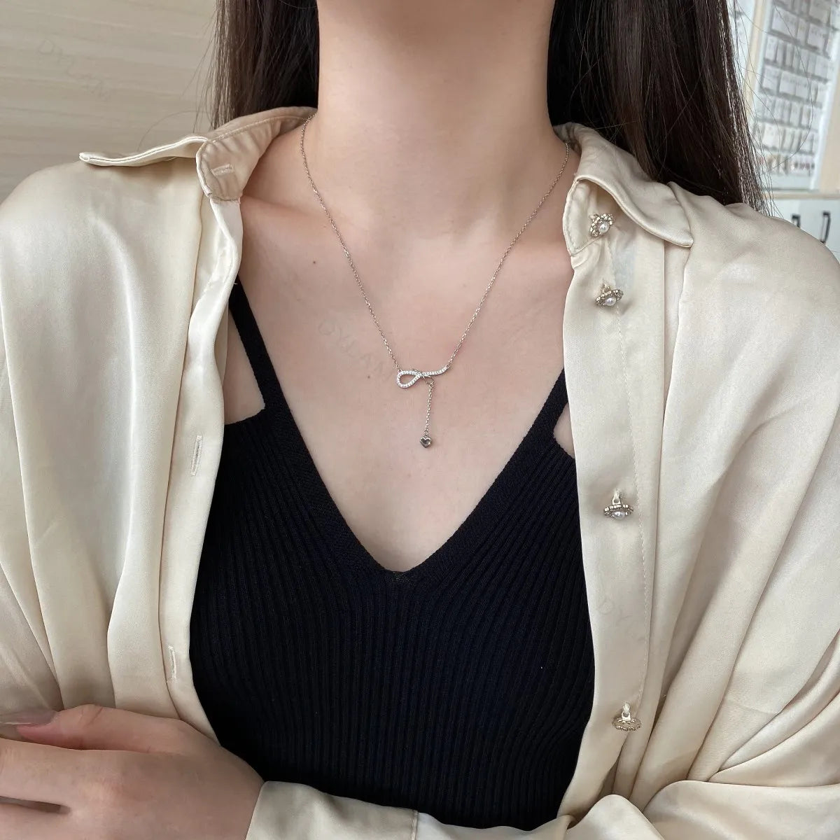 Silver Zircon Round Cut Bow Heart Pendant Necklace