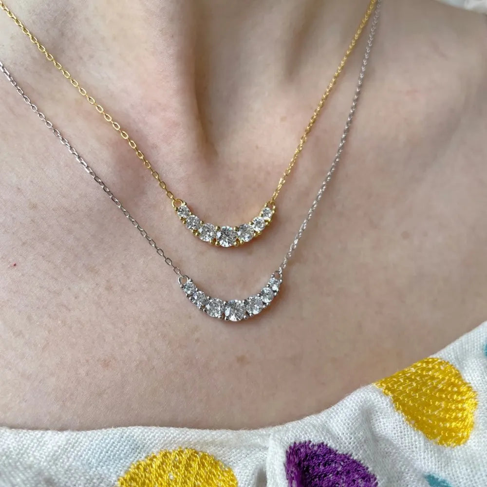 Silver Zircon Round Cut Smile Bar Necklace