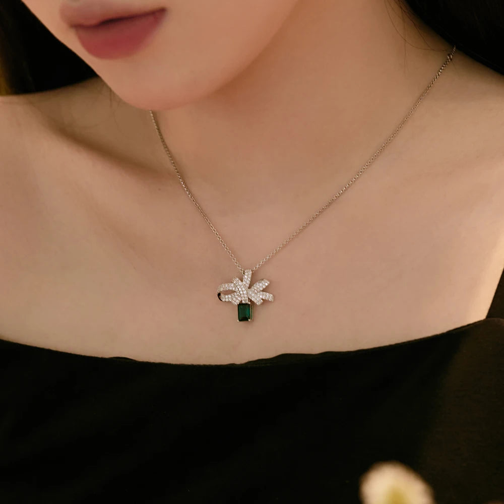 Silver Zircon Emerald Cut Bow Knot Pendant Necklace