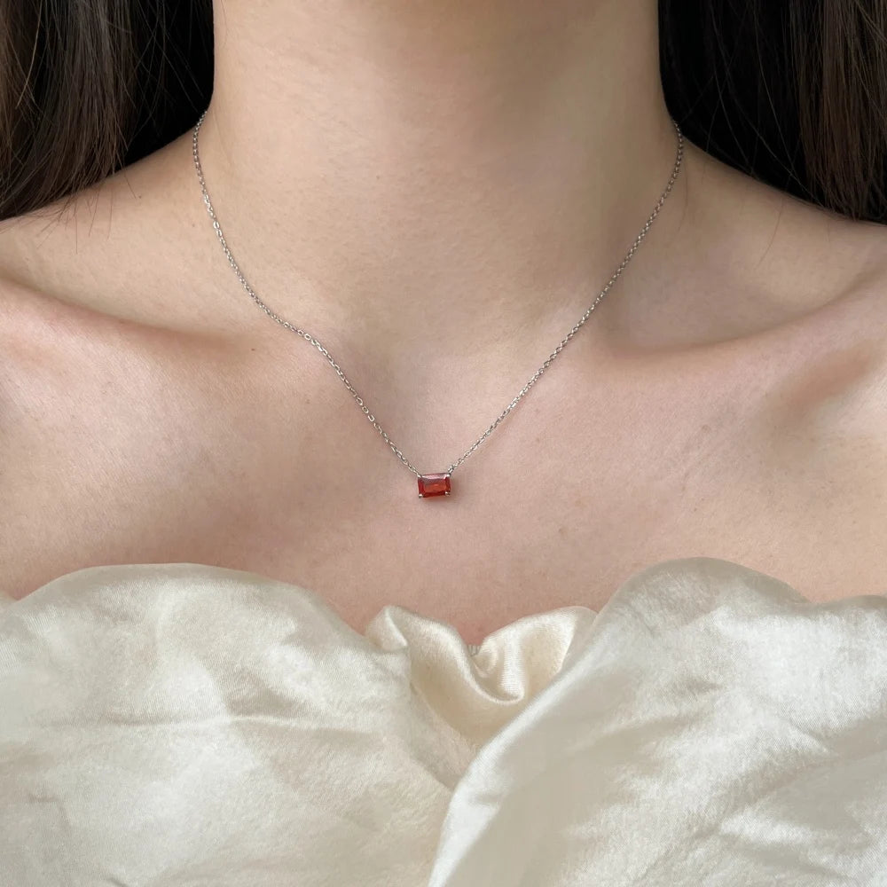 Silver Zircon Emerald Cut Single Pendant Necklace