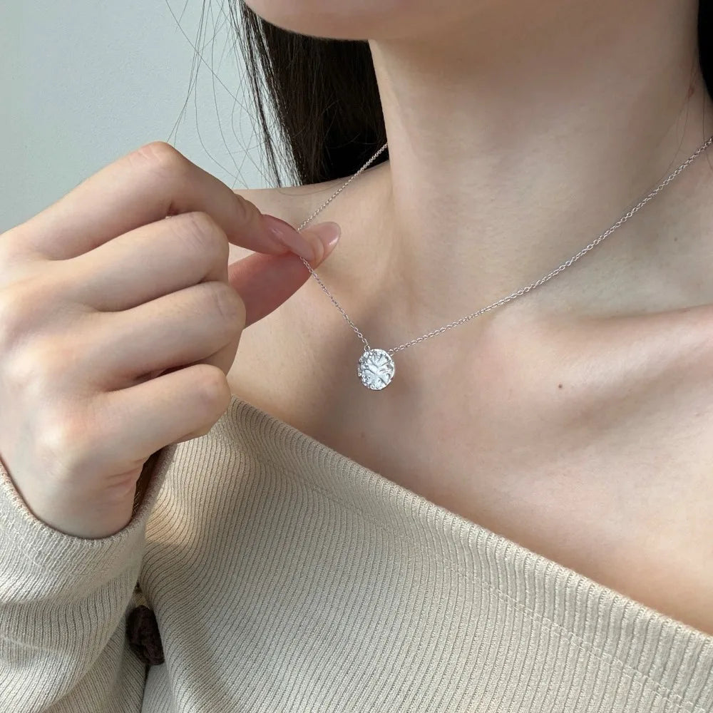 Silver Zircon Round Cut Frosted Disc Pendant Necklace