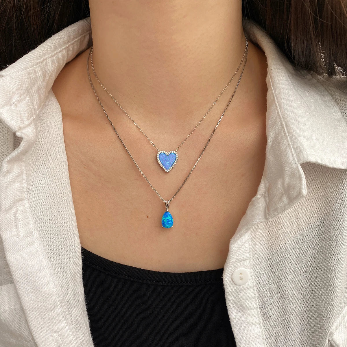 Silver Opal Heart Cut Halo Pendant Necklace