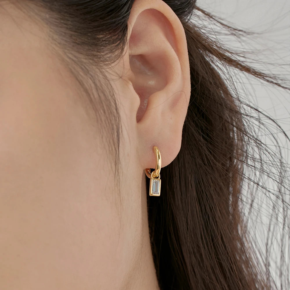 Silver Zircon Baguette Cut Drop Huggie Earrings