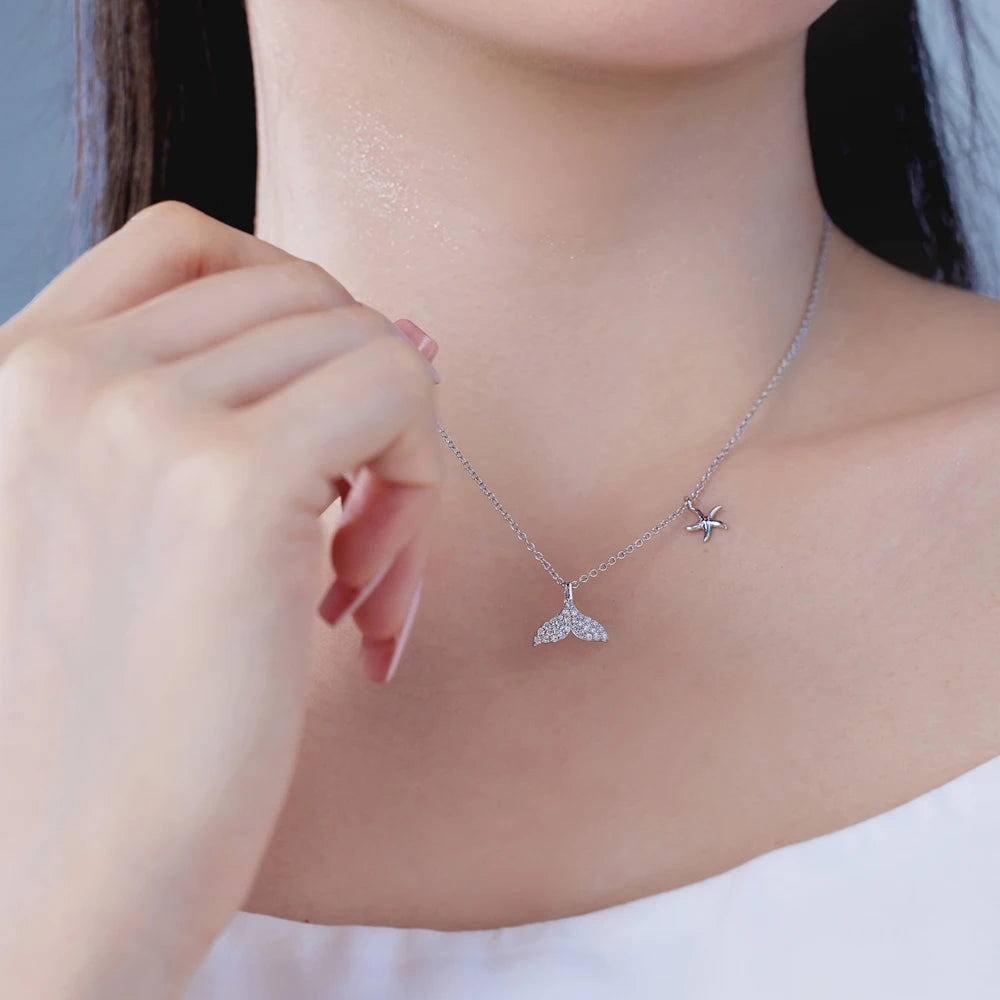 Silver Zircon Round Cut Whale Tail Pendant Necklace