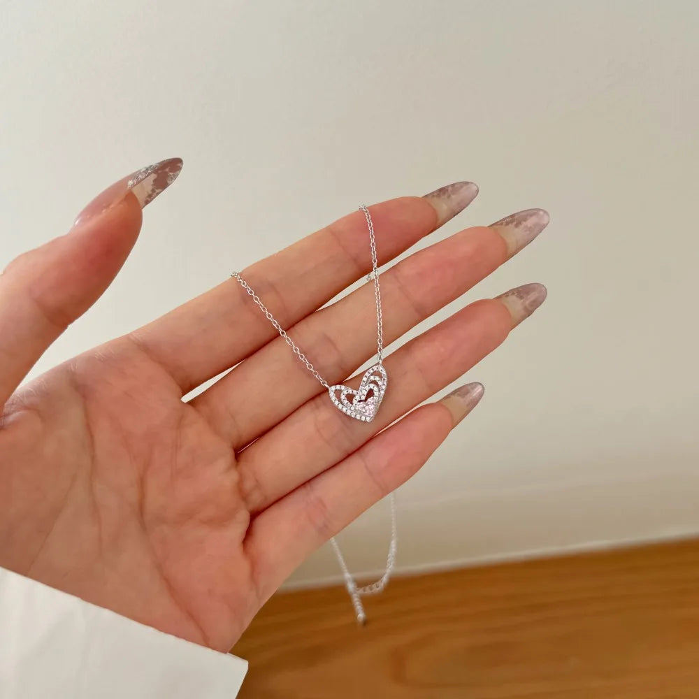 Silver Zircon Heart Cut Multi Layer Heart Pendant Necklace