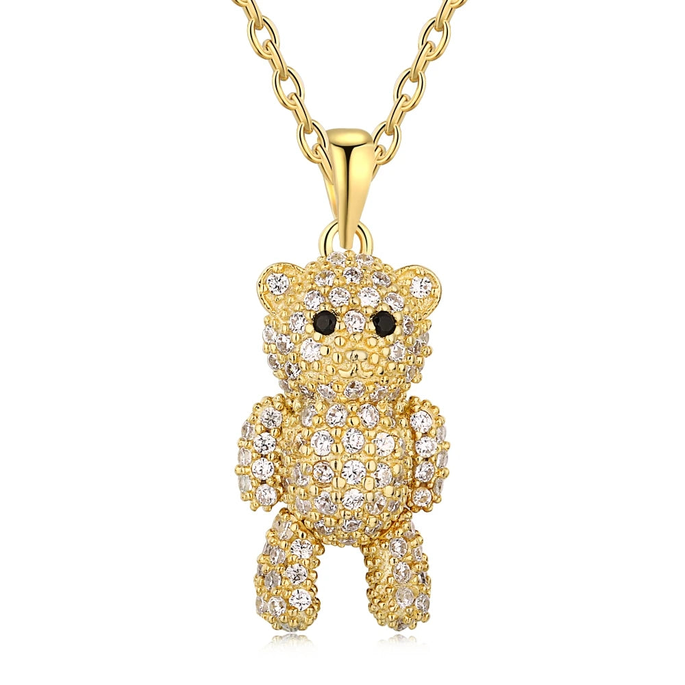 Silver Zircon Round Cut Iced Bear Pendant Necklace