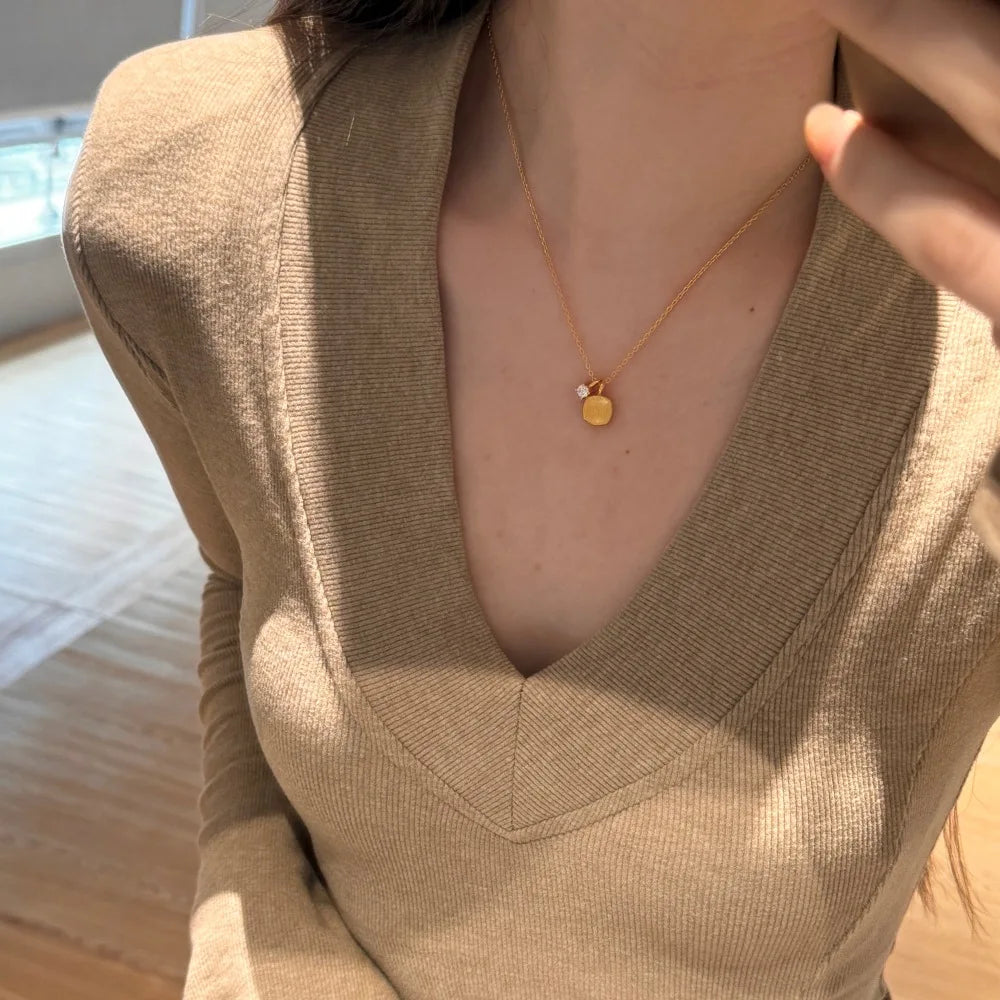 Silver Zircon Round Cut Block Pendant Necklace