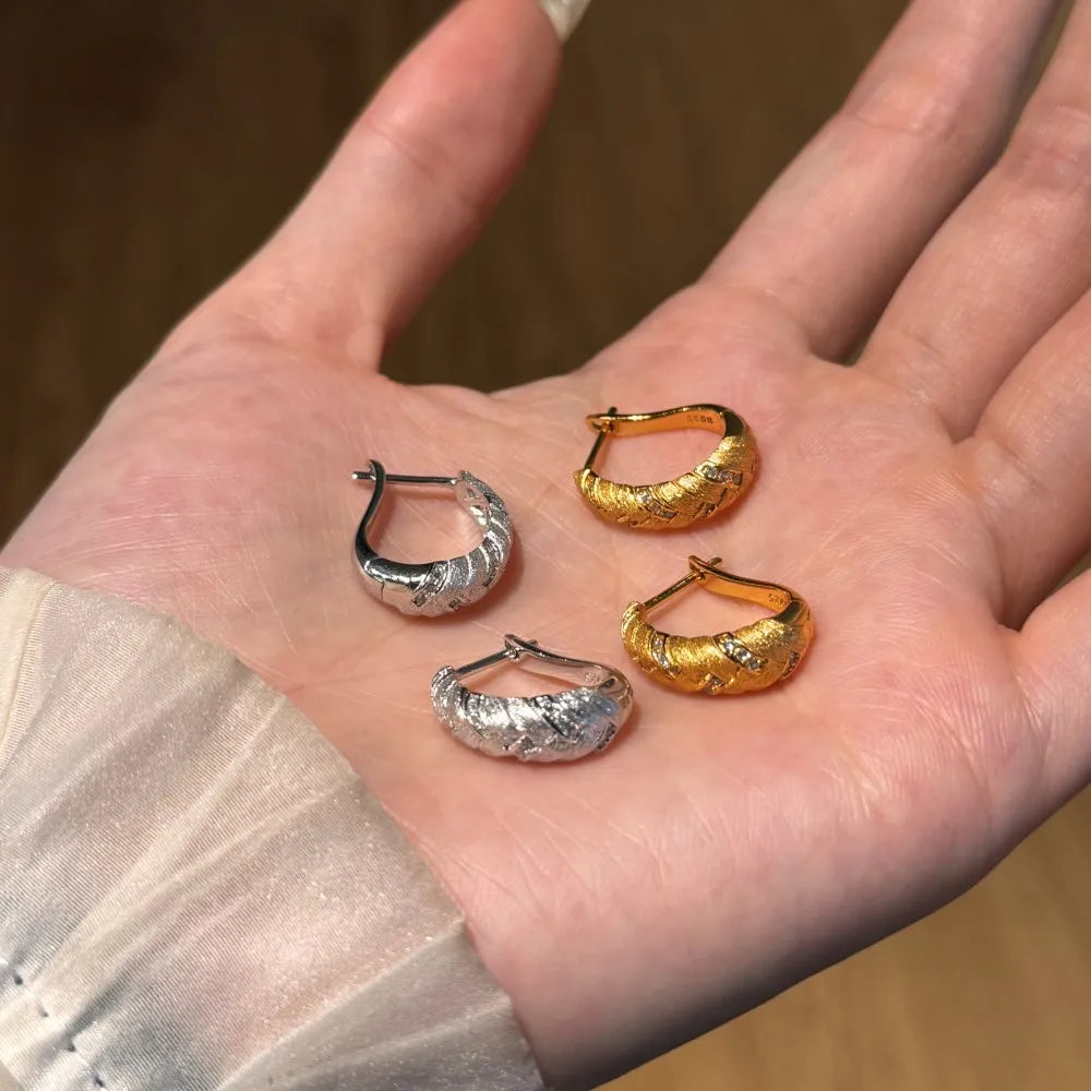 Silver Zircon Round Cut Wheat Ear Hoops