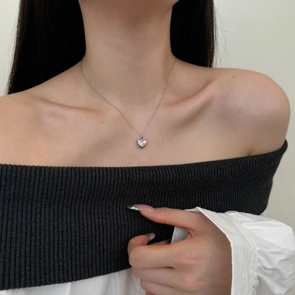 Silver Zircon Heart Cut Melting Heart Pendant Necklace