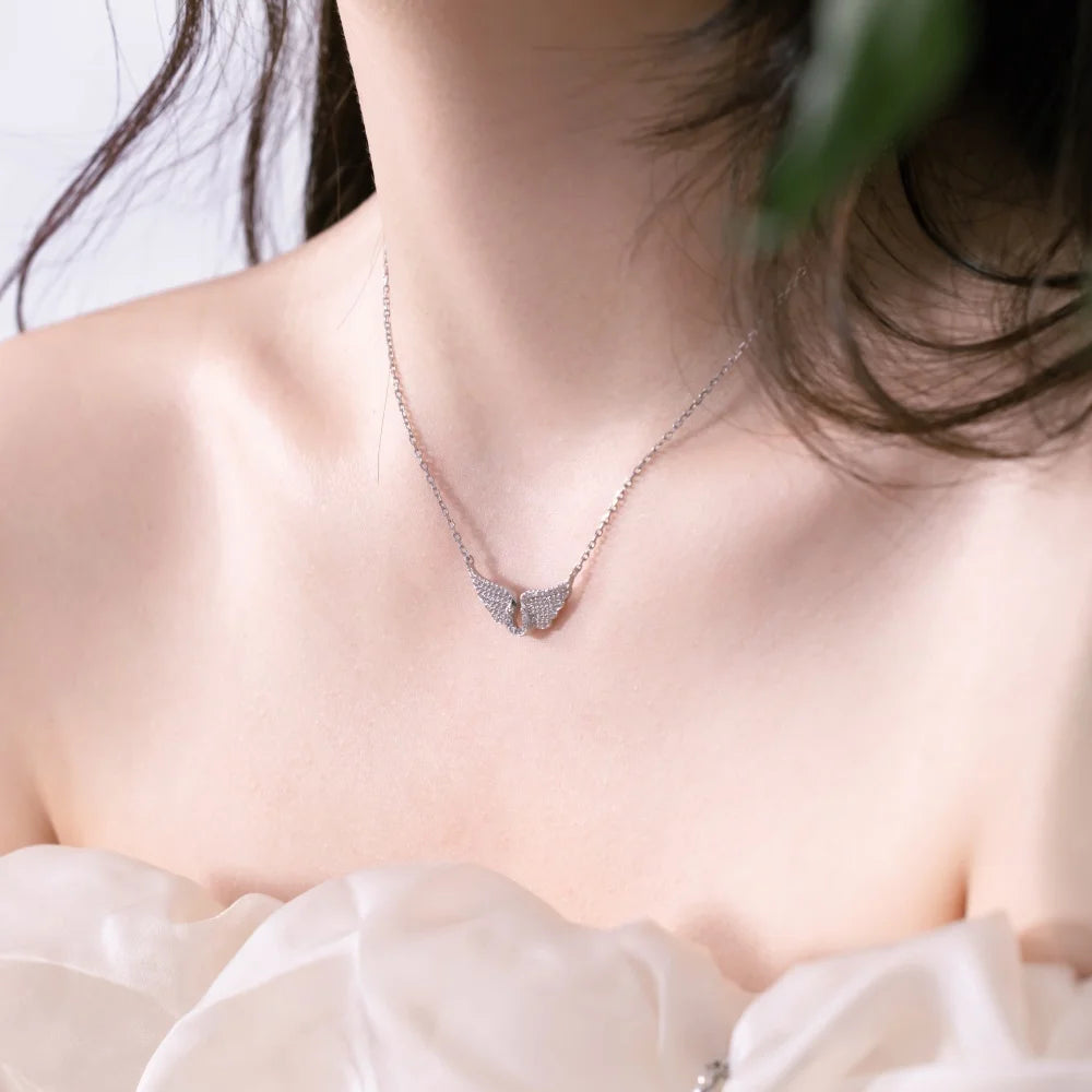 Silver Zircon Round Cut Halo Inlaid Wings Bar Necklace