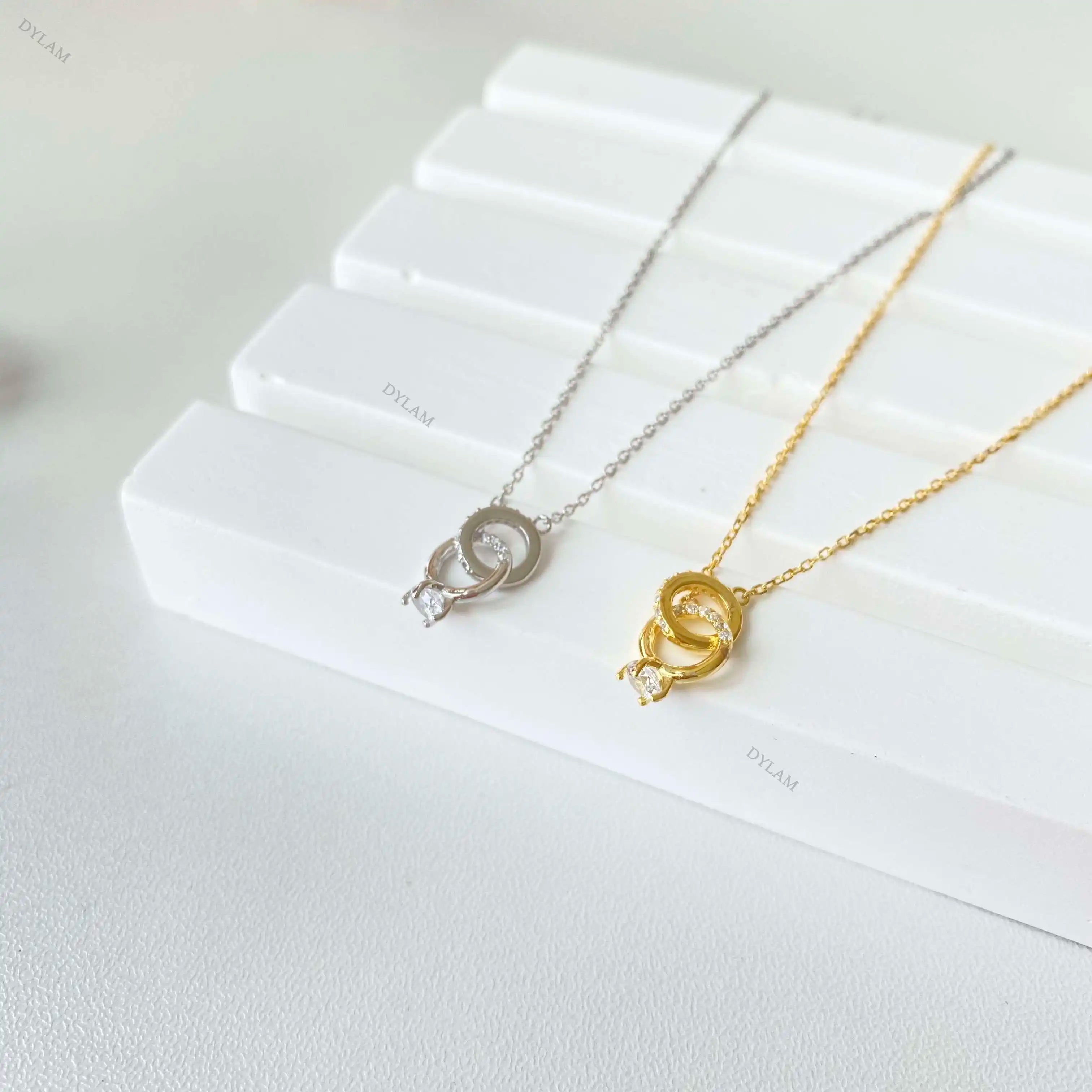 Silver Zircon Round Cut Interlocking Ring Pendant Necklace