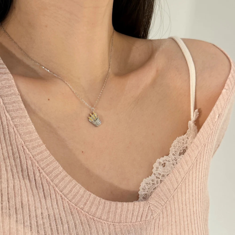 Silver Zircon Round Cut French Fries Pendant Necklace