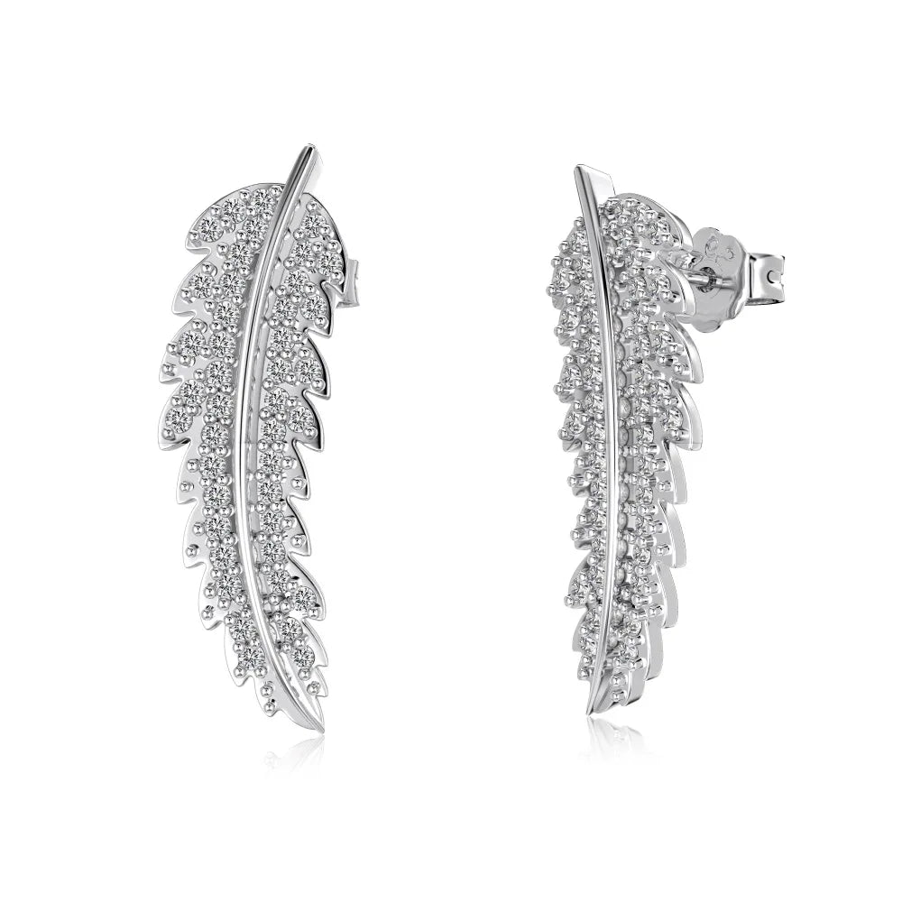 Silver Zircon Round Cut Leaves Ear Studs