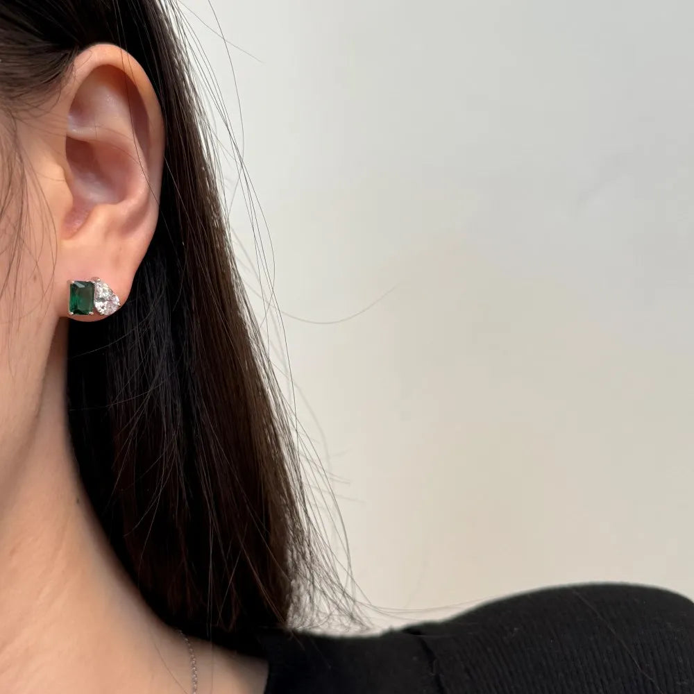 Silver Zircon Emerald Cut Inlaid Multi Shape Ear Studs