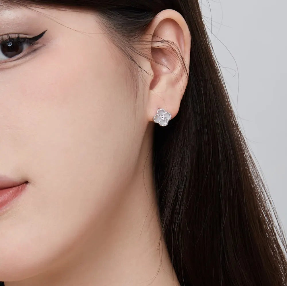 Silver Zircon Round Cut Clover Ear Studs