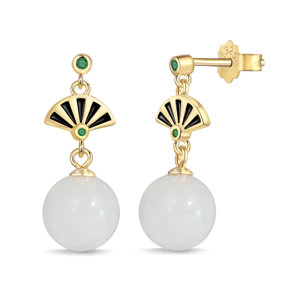 Silver Jade Cut Folding Fan Drop Earrings