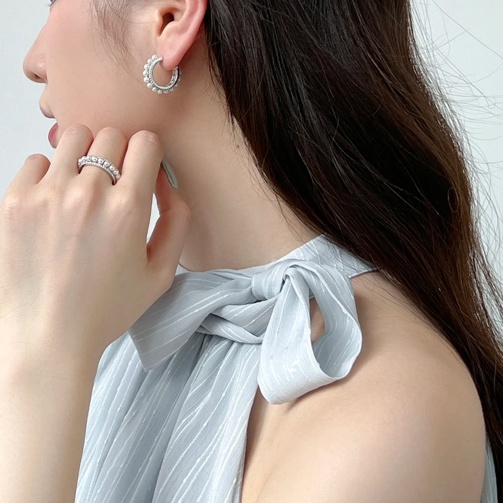 Silver Pearl Hook Inlaid Ear Hoops