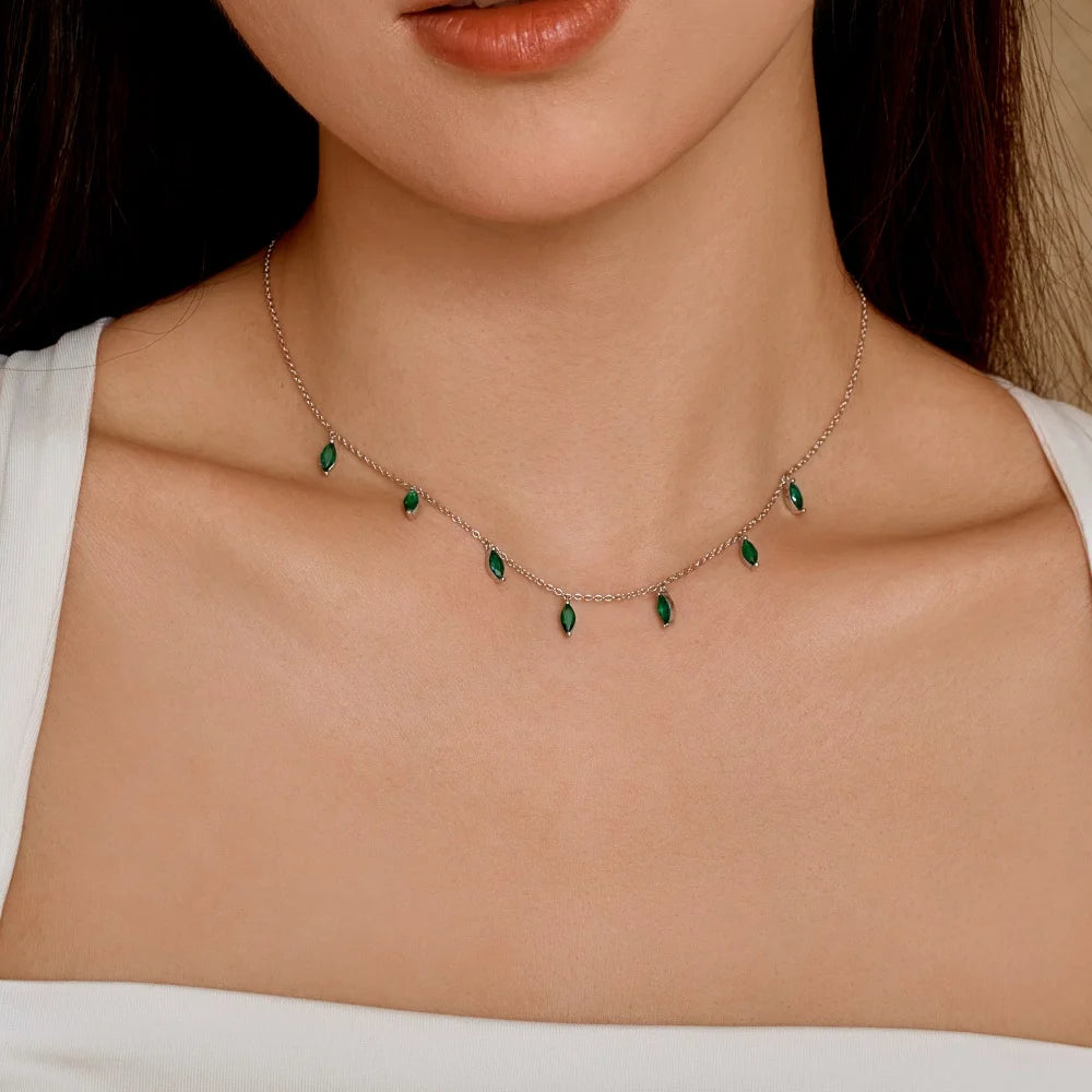 Silver Zircon Marquise Cut Tassel Chain Necklace