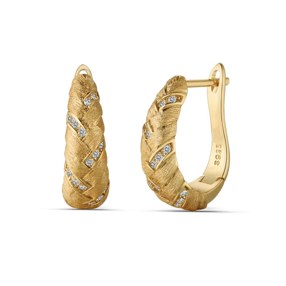 Silver Zircon Round Cut Wheat Ear Hoops