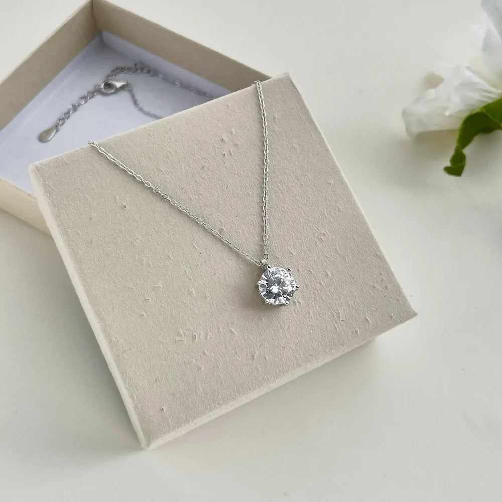 Silver Zircon Round Cut Solitaire Pendant Necklace