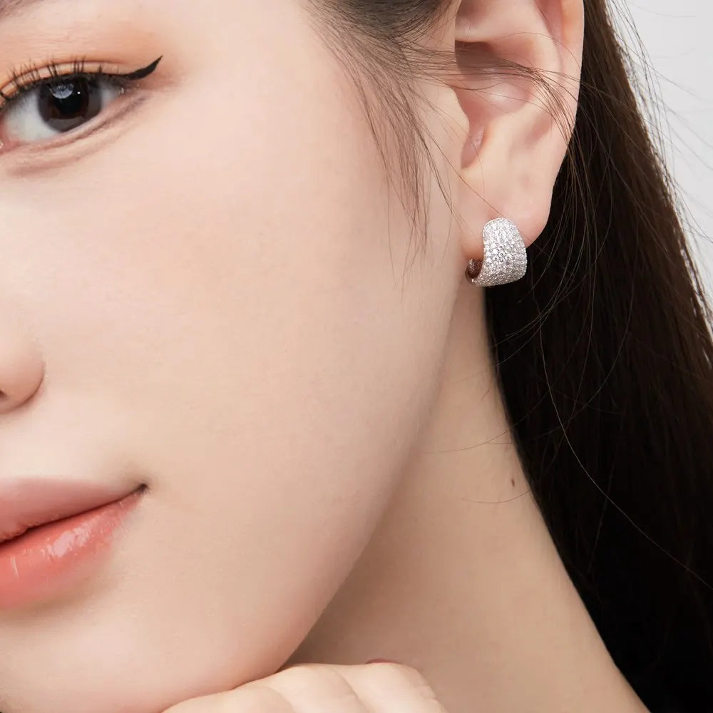 Silver Zircon Round Cut Iced Chunky Huggie Earrings