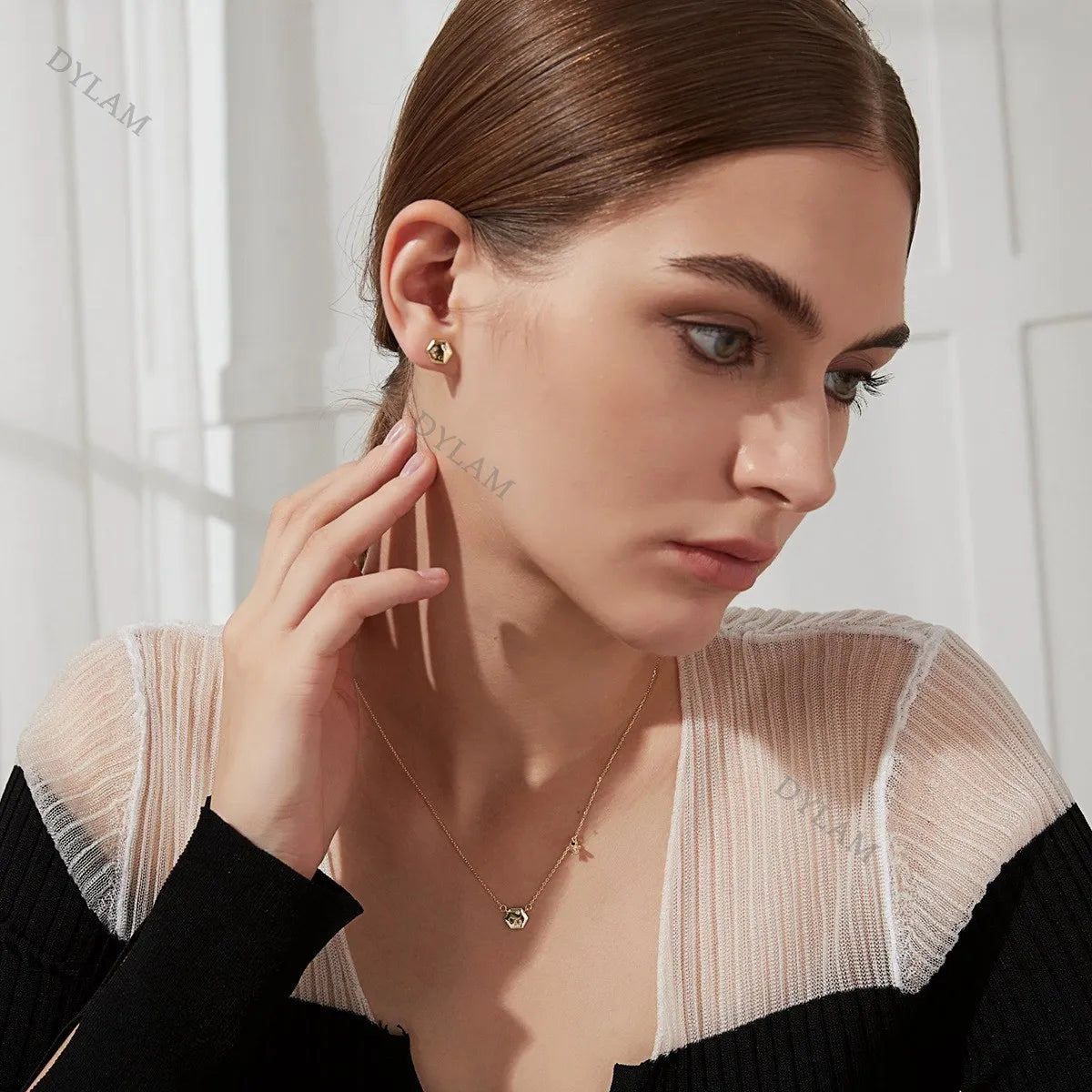 Silver Zircon Round Cut Hexagon Ear Studs