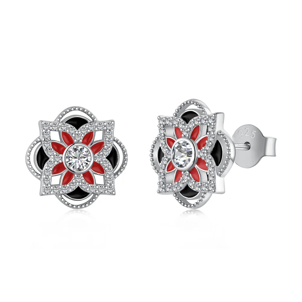 Silver Zircon Round Cut Clover Flower Ear Studs