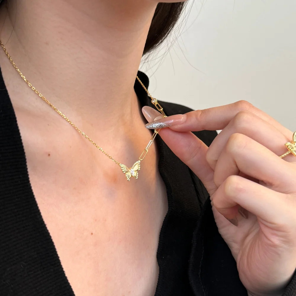 Silver Zircon Marquise Cut Single Butterfly Pendant Necklace