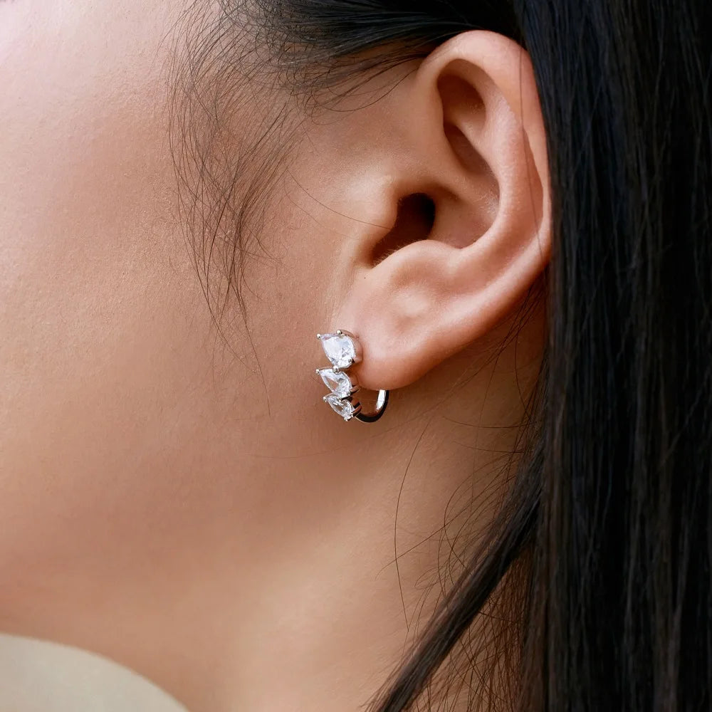 Silver Zircon Pear Cut Layered Hook Water Drop Ear Studs