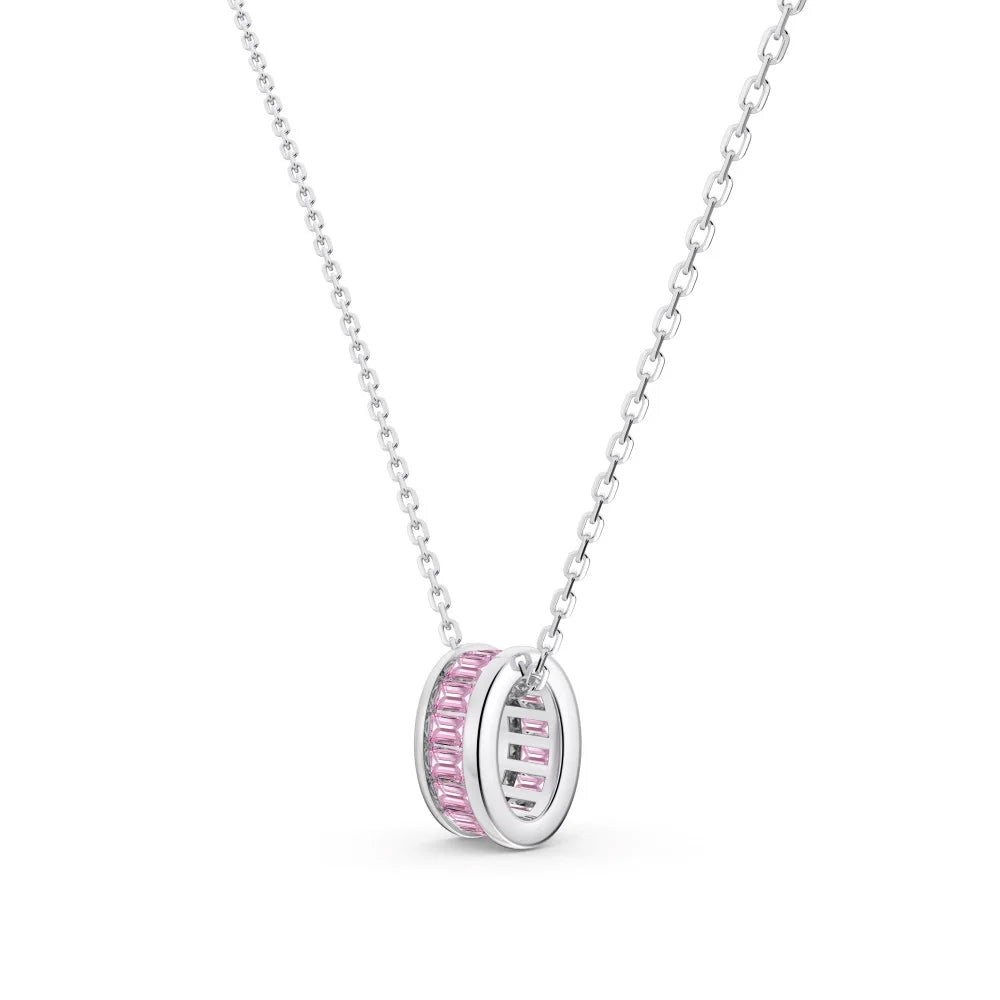 Silver Zircon Baguette Cut Cylinder Pendant Necklace