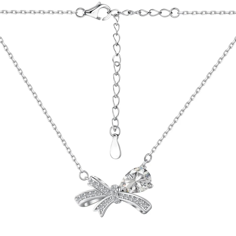 Silver Zircon Pear Cut Bow Knot Pendant Necklace