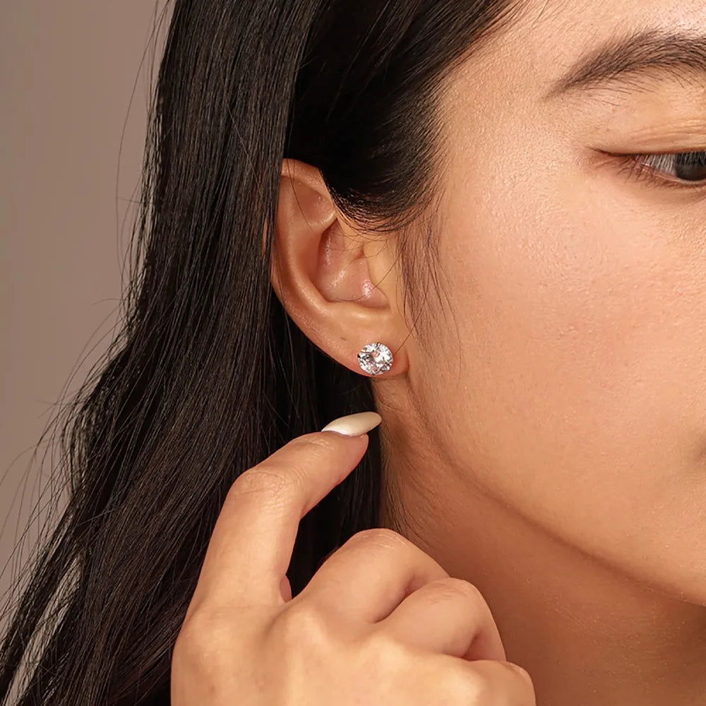 Silver Zircon Round Cut Simple Ear Studs