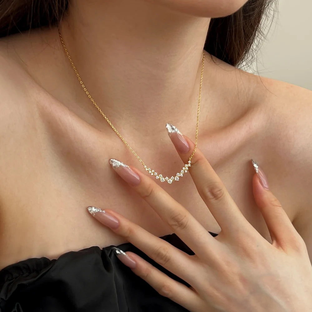 Silver Zircon Round Cut Irregular Bar Necklace