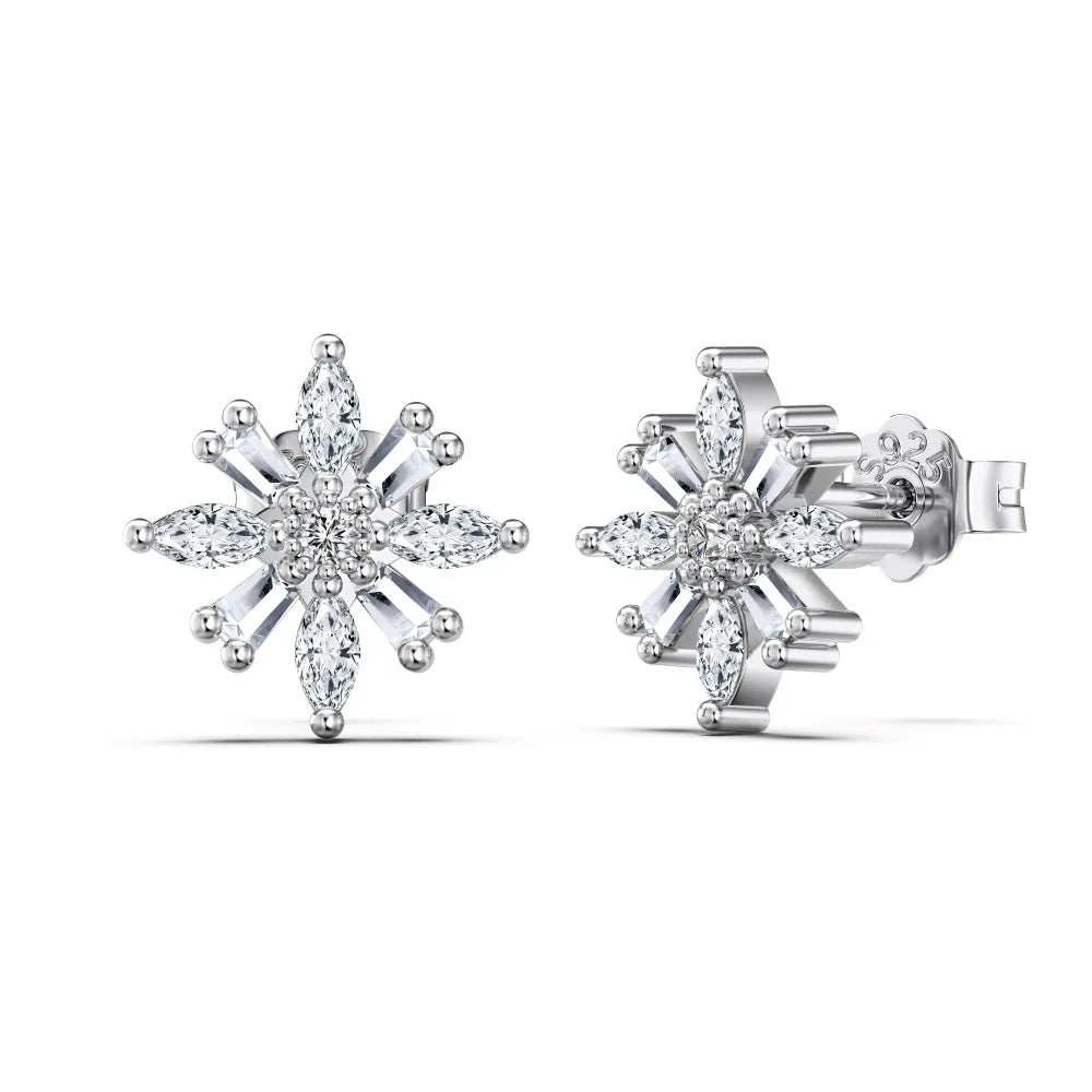 Silver Zircon Tapered Baguette Cut Snowflake Ear Studs