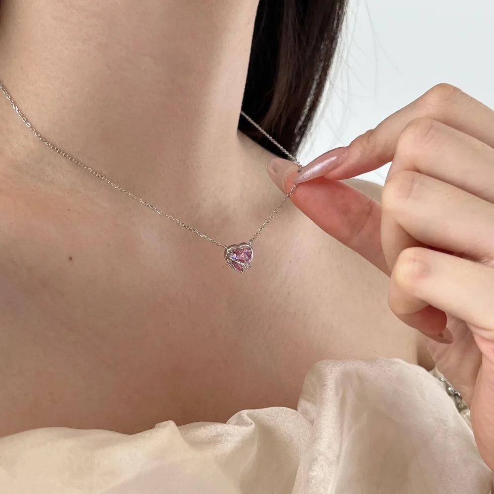 Silver Zircon Heart Cut Wrapped Pendant Necklace