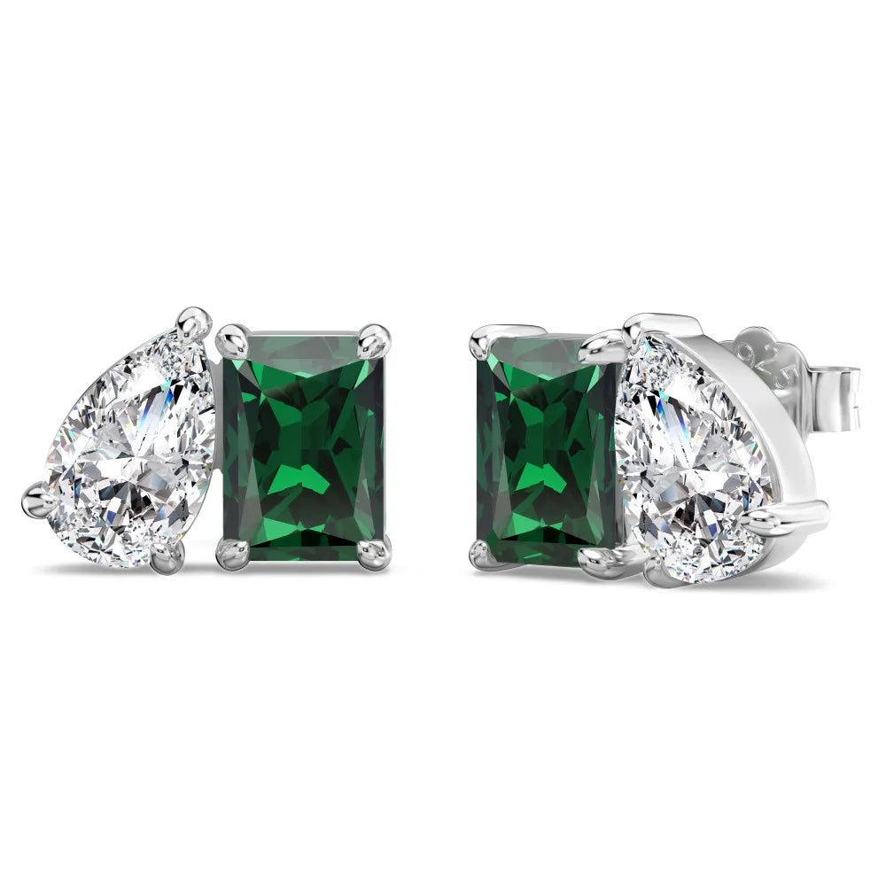 Silver Zircon Emerald Cut Inlaid Multi Shape Ear Studs