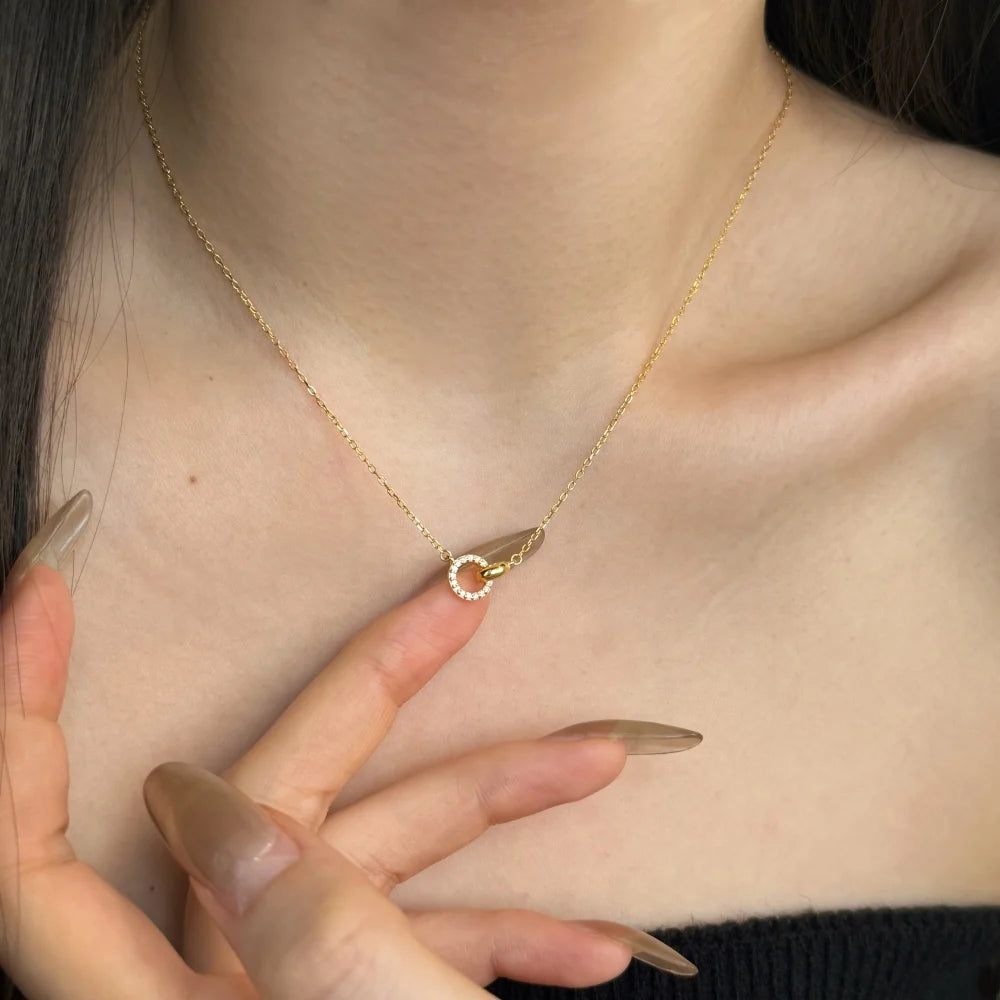 Silver Zircon Round Cut Inlaid Interlocking Ring Pendant Necklace