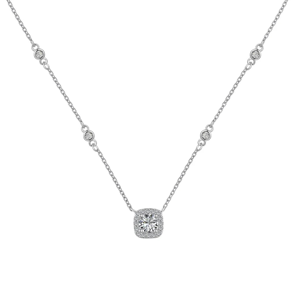 Silver Zircon Round Cut Pillow Pendant Necklace
