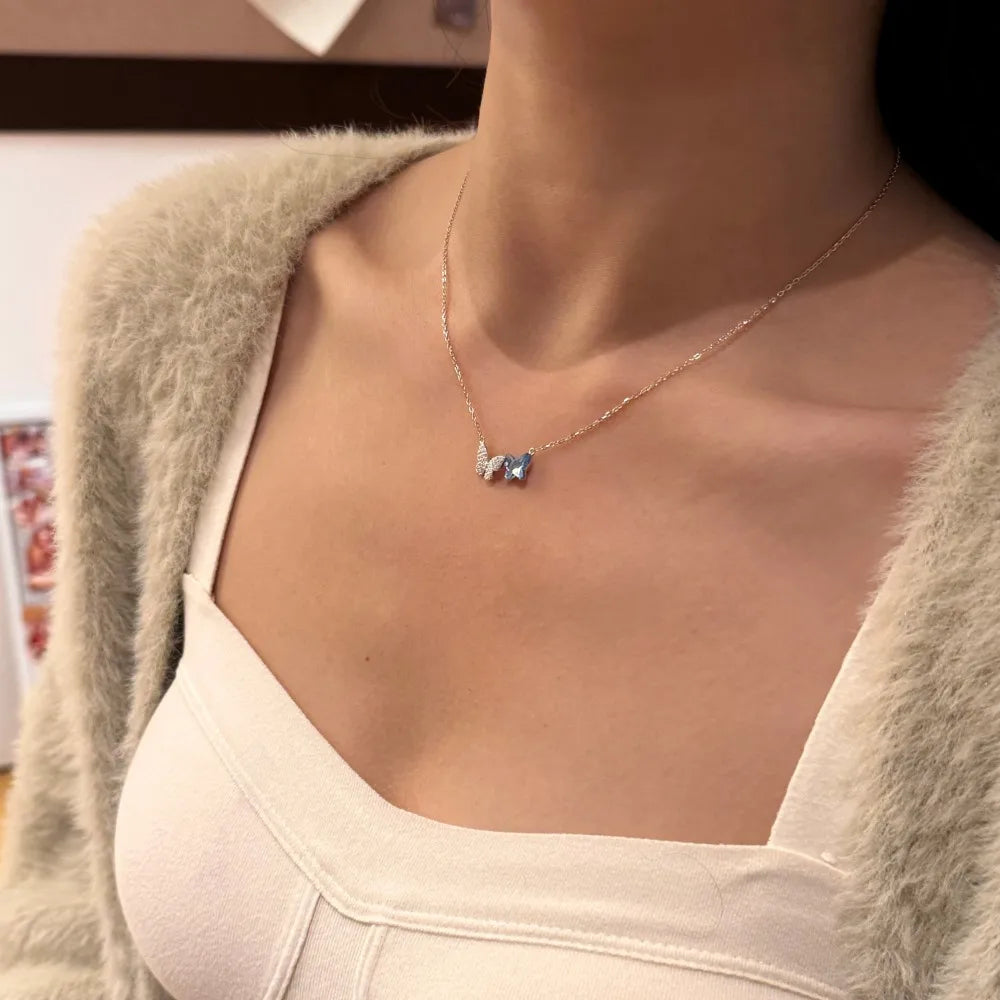 Silver Zircon Round Cut Duel Butterfly Pendant Necklace